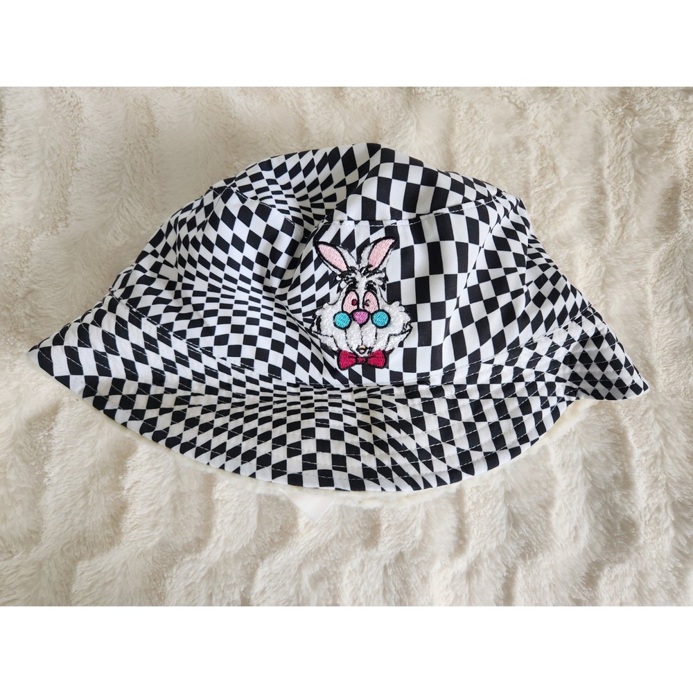 Disney White Rabbit Alice In‎ Wonderland Checkboard Sherpa Bucket Hat